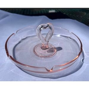 Pink Glass Center Handled Heart Tray